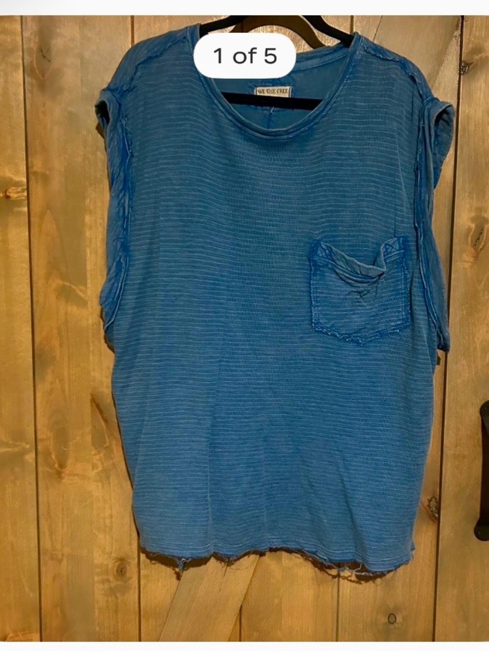 Free People Blue and Navy Raw-Edge Oversized Sleeveless Shirt with Pocket. Med.